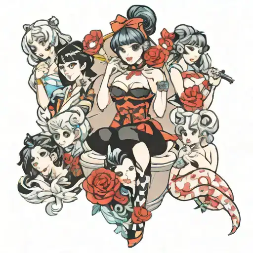 multiple anime and pinup girls in one image tattoo design idea