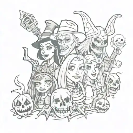 A spooky mashup tattoo featuring iconic characters from horror movies and old Disney films tattoo design idea