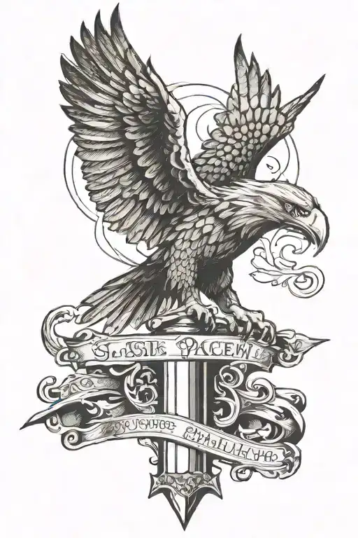 An eagle facing forward perched on the handle of a sword, with the phrase "si vis pacem para bellum" tattoo design idea