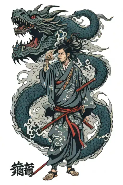 stoic samurai warrior standing i waves. Behind him, a massive dragon emerges from dark storm clouds, its red eyes glowin tattoo design idea