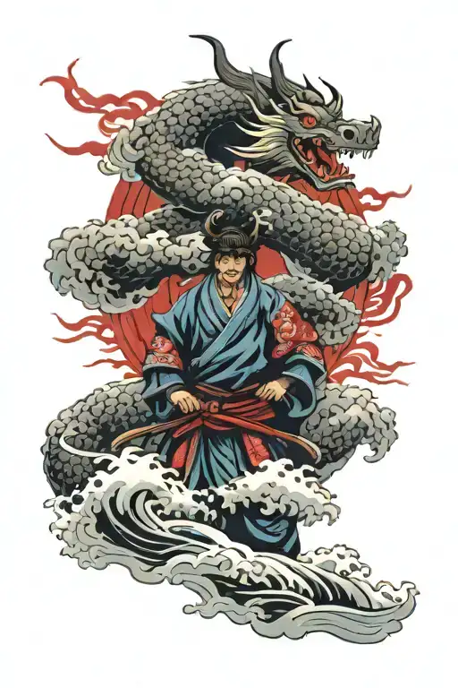 stoic samurai warrior standing in waves. Behind him, massive dragon emerges from dark storm clouds with red eyes glowin tattoo design idea