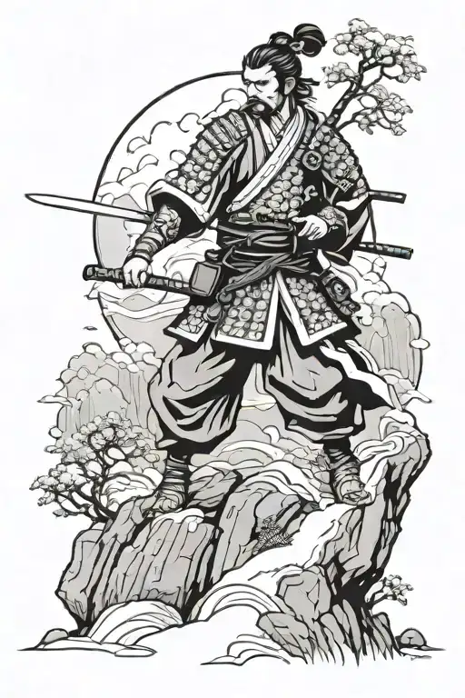 Neo-Japanese style tattoo design, featuring a stoic samurai warrior standing on a rocky outcrop amidst a sto tattoo design idea