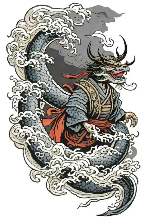 stoic samurai warrior standing in waves. Behind him, massive dragon emerges from dark storm clouds with red eyes glowin tattoo design idea