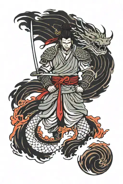 stoic samurai warrior standing in waves. Behind him, massive dragon emerges from dark storm clouds with red eyes glowin tattoo design idea
