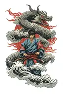 stoic samurai warrior standing in waves. Behind him, massive dragon emerges from dark storm clouds with red eyes glowin tattoo design idea