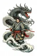 stoic samurai warrior standing in waves. Behind him, massive dragon emerges from dark storm clouds with red eyes glowin tattoo design idea