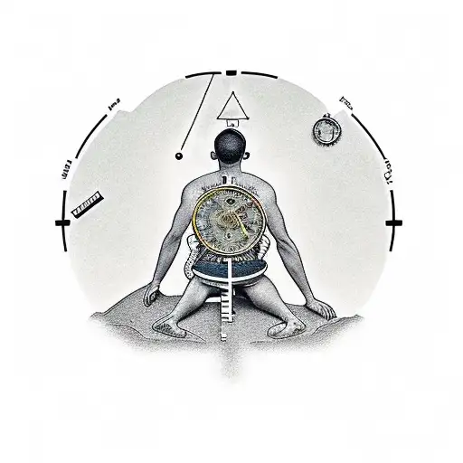 A thinking man sitting atop a giant sand clock, symbolizing the importance of time and reflection tattoo design idea