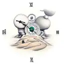 A thinking man sitting atop a giant sand clock, symbolizing the importance of time and reflection tattoo design idea
