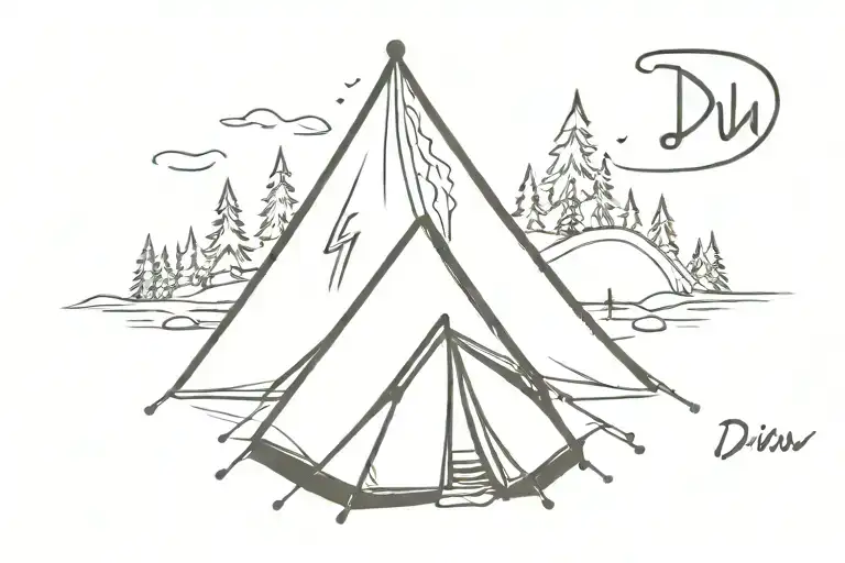 Tent with DJW written on it and with Bonfire in front.  tattoo design idea