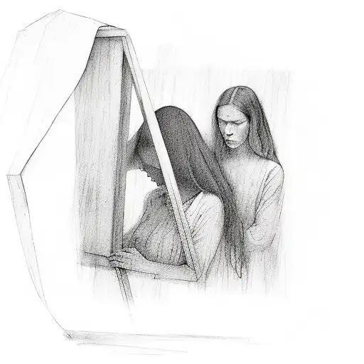 Tarkovsky movie mirror women sitting on wooden fence and looking into the distance, viewer is behind scene tattoo design idea