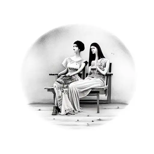 Tarkovsky movie mirror women sitting on wooden fence and looking into the distance tattoo design idea