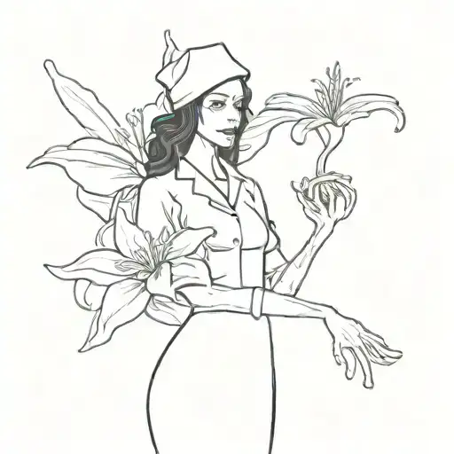 A creepy black and white silhouette of a nurse holding a stargazer lily, inspired by scary movies tattoo design idea