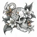 skull and stargazer lilys tattoo design idea