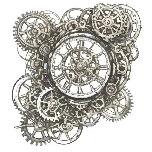 steam punk clock, cogs, mechanical elements tattoo design idea