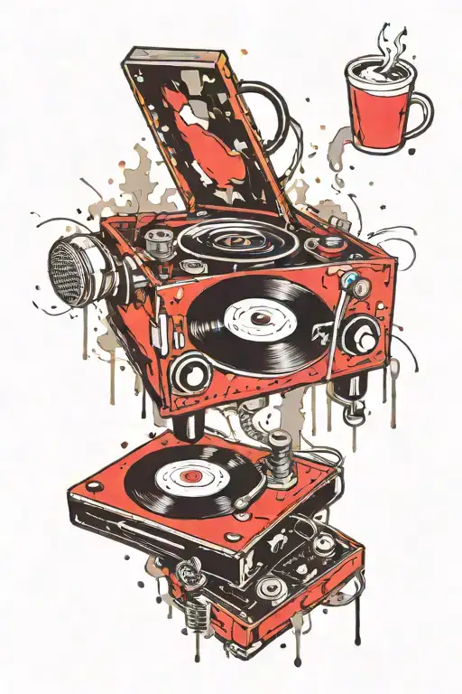 A tattoo design of a vintage record player with a coffee mug and car keys, symbolizing the client's passion for music, coffee, and cars tattoo design idea