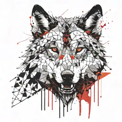 Head of an intimidating wolf, without showing teeth, looking straight on, without showing teeth. Add details in hexagons tattoo design idea