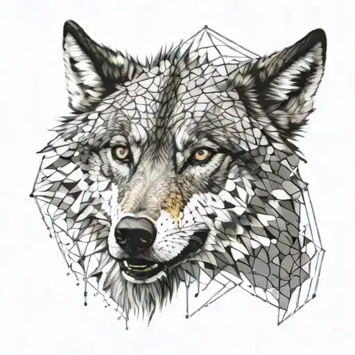 Head of an intimidating wolf, without showing teeth, looking straight on, without showing teeth. Add details in hexagons tattoo design idea