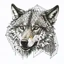Head of an intimidating wolf, without showing teeth, looking straight on, without showing teeth. Add details in hexagons tattoo design idea