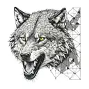 Head of an intimidating wolf, without showing teeth, looking straight on, without showing teeth. Add details in hexagons tattoo design idea