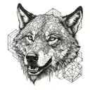 Head of an intimidating wolf, without showing teeth, looking straight on, without showing teeth. Add details in hexagons tattoo design idea