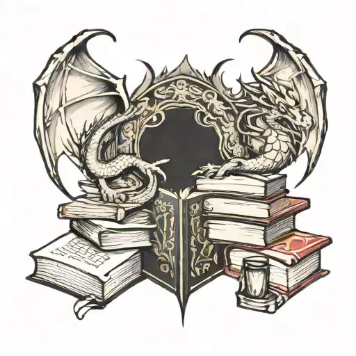 Dragon and books surrounded tattoo design idea
