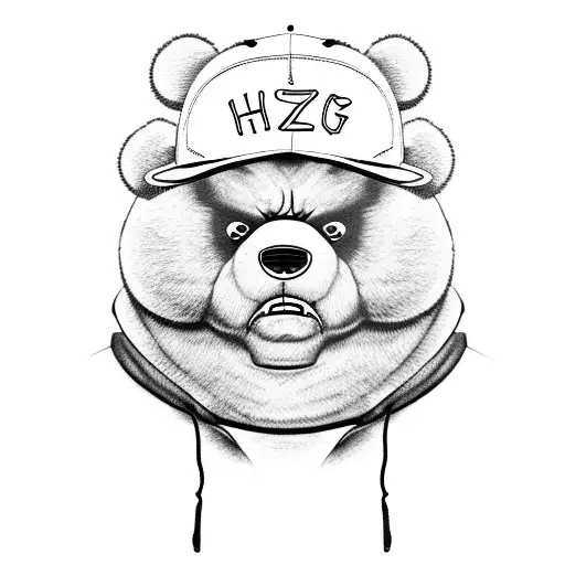 An angry looking fat teddy bear wearing a baseball cap and a hoody that says "HAZE BOY" tattoo design idea
