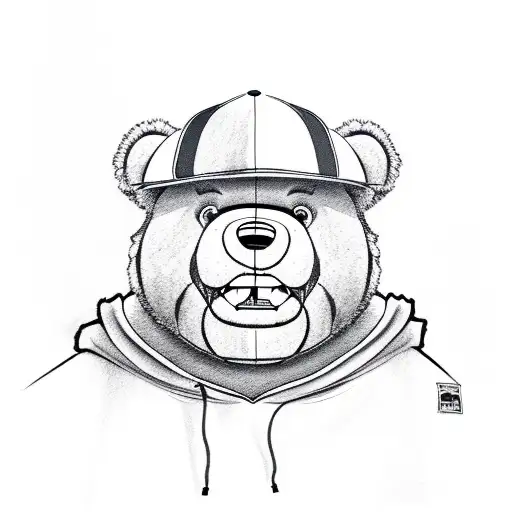 An angry looking fat teddy bear wearing a baseball cap and a hoody that says "HAZE BOY" tattoo design idea