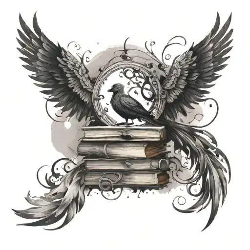 A stack of Harry Potter books with a phoenix emerging from them in a watercolor style tattoo design idea