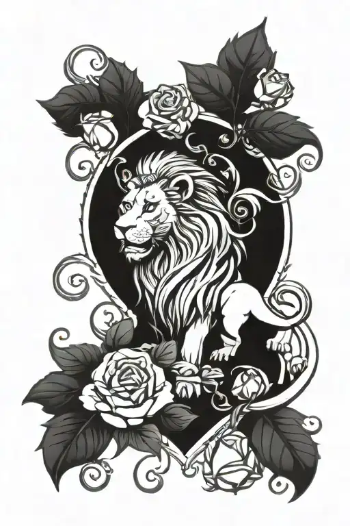 Heraldic lion surrounded by wreath roses vines tough tattoo design idea