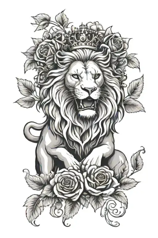 Heraldic lion surrounded by wreath roses crown strength tattoo design idea