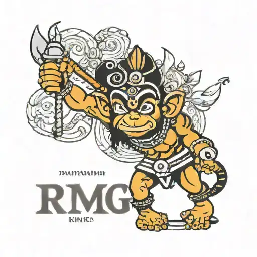   text saying RRMG with a small lord Hanuman on it  tattoo design idea