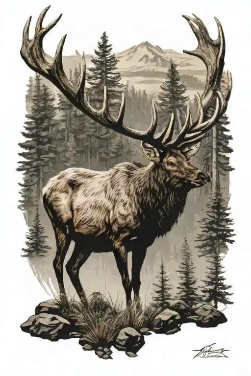 elk profile roaring in a forest scene tattoo design idea