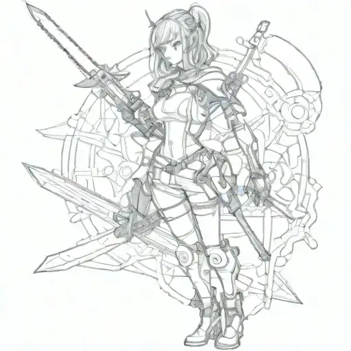 manga cyberpunk girl full length with two swords tattoo design idea