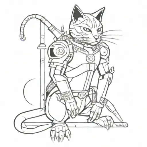 mechanical cat warrior tattoo design idea