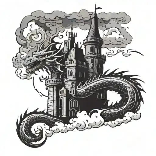 A dragon emerging from a castle tower, surrounded by swirling clouds and lightning bolts tattoo design idea