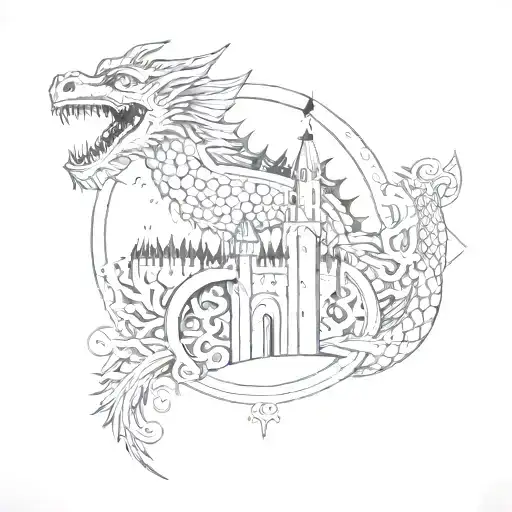 A tattoo featuring a dragon curled around a sketch-style castle, with intricate geometric patterns in the background tattoo design idea