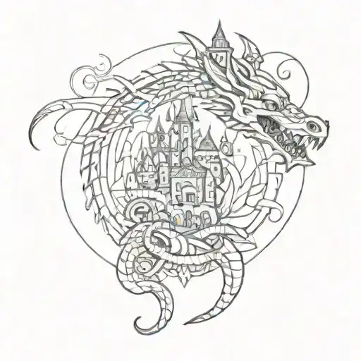 A tattoo featuring a big dragon curled around a sketch-style castle, with intricate geometric patterns in the background tattoo design idea