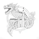 A tattoo featuring a dragon curled around a sketch-style castle, with intricate geometric patterns in the background tattoo design idea