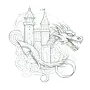 A tattoo featuring a dragon curled around a sketch-style castle, with intricate geometric patterns in the background tattoo design idea