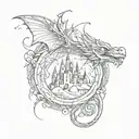 A tattoo featuring a dragon curled around a sketch-style castle, with intricate geometric patterns in the background tattoo design idea