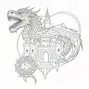 A tattoo featuring a dragon curled around a sketch-style castle, with intricate geometric patterns in the background tattoo design idea