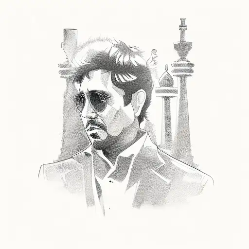 A sketch-style portrait of Tony Montana surrounded by chess pieces and dollar signs tattoo design idea