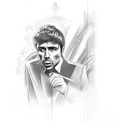 A sketch-style portrait of Tony Montana surrounded by chess pieces and dollar signs tattoo design idea