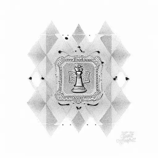 A dotwork tattoo of a chessboard with the words 'Life, Money, Success' written in the squares tattoo design idea