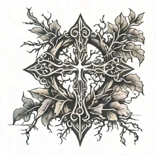 cross with roots reaching deep tattoo design idea