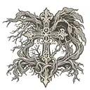 cross with roots reaching deep tattoo design idea