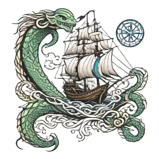 world serpent surrounding viking boat sailing tattoo design idea