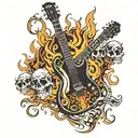 electric guitar surrounded by skulls and flames  tattoo design idea