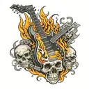 electric guitar surrounded by skulls and flames  tattoo design idea