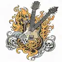 electric guitar surrounded by skulls and flames  tattoo design idea
